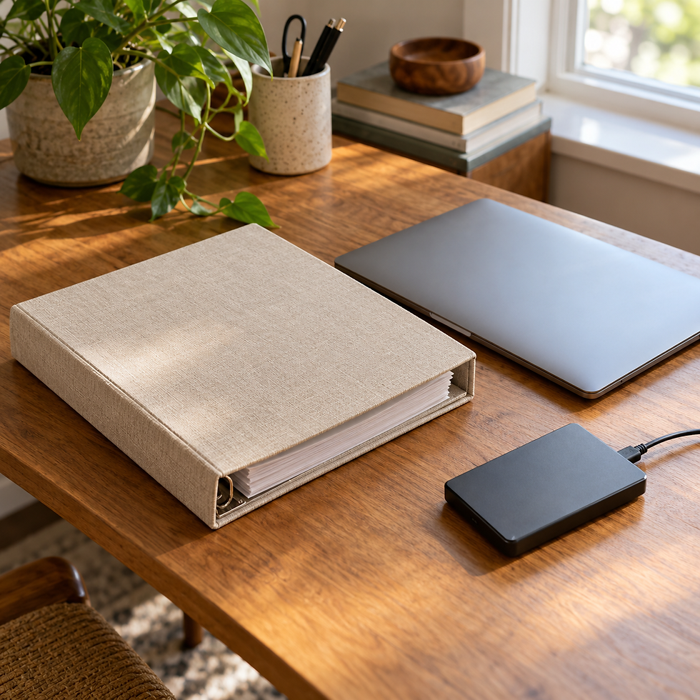 Plain binder, closed laptop and external drive on a wooden desk