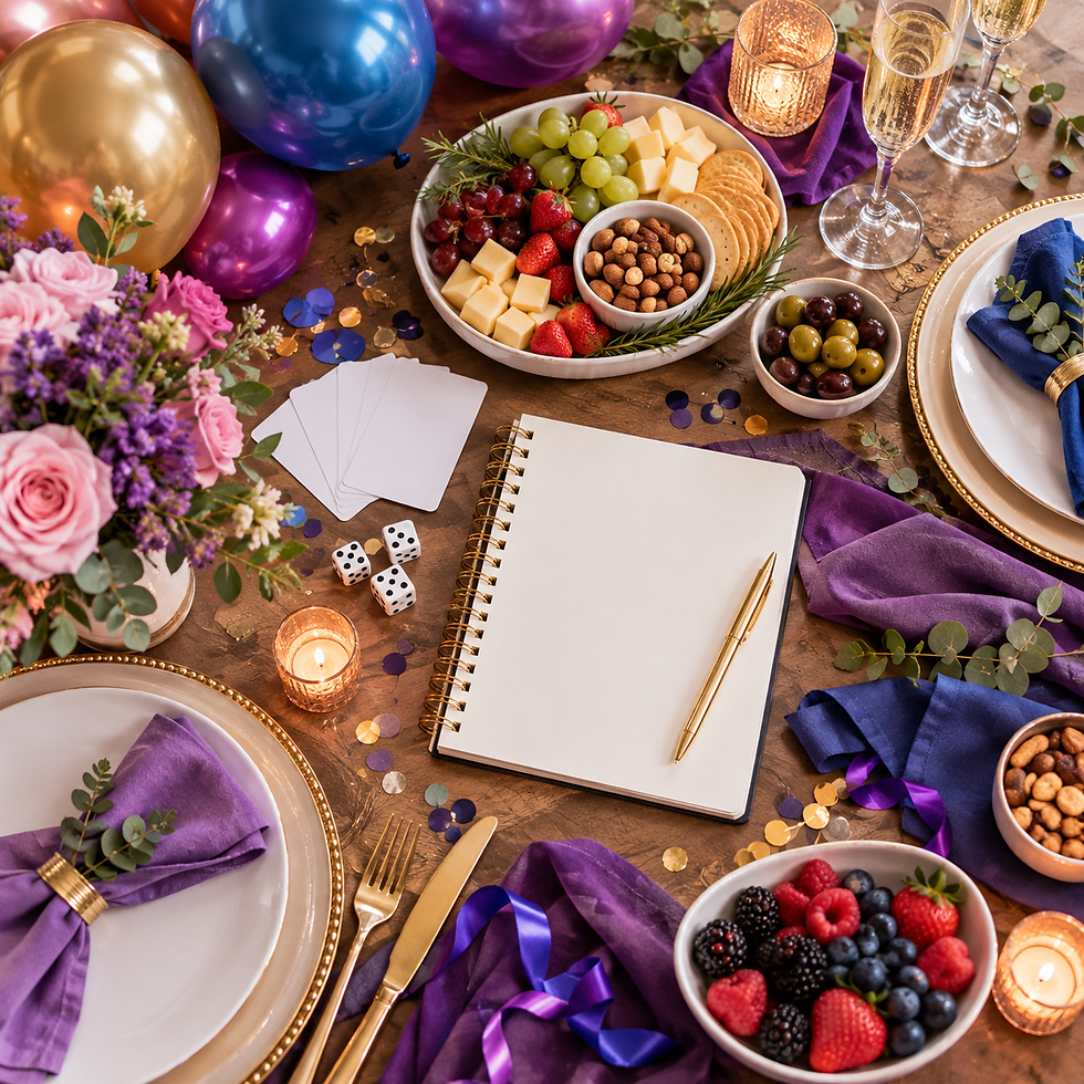 Overhead still life of varied party preparation objects on a spacious table: birthday balloons, plain playing cards and dice, elegant place settings, flowers, serving bowls, folded blue and purple napkins, and a blank planning notebook. Carefully arranged, practical and colorful.