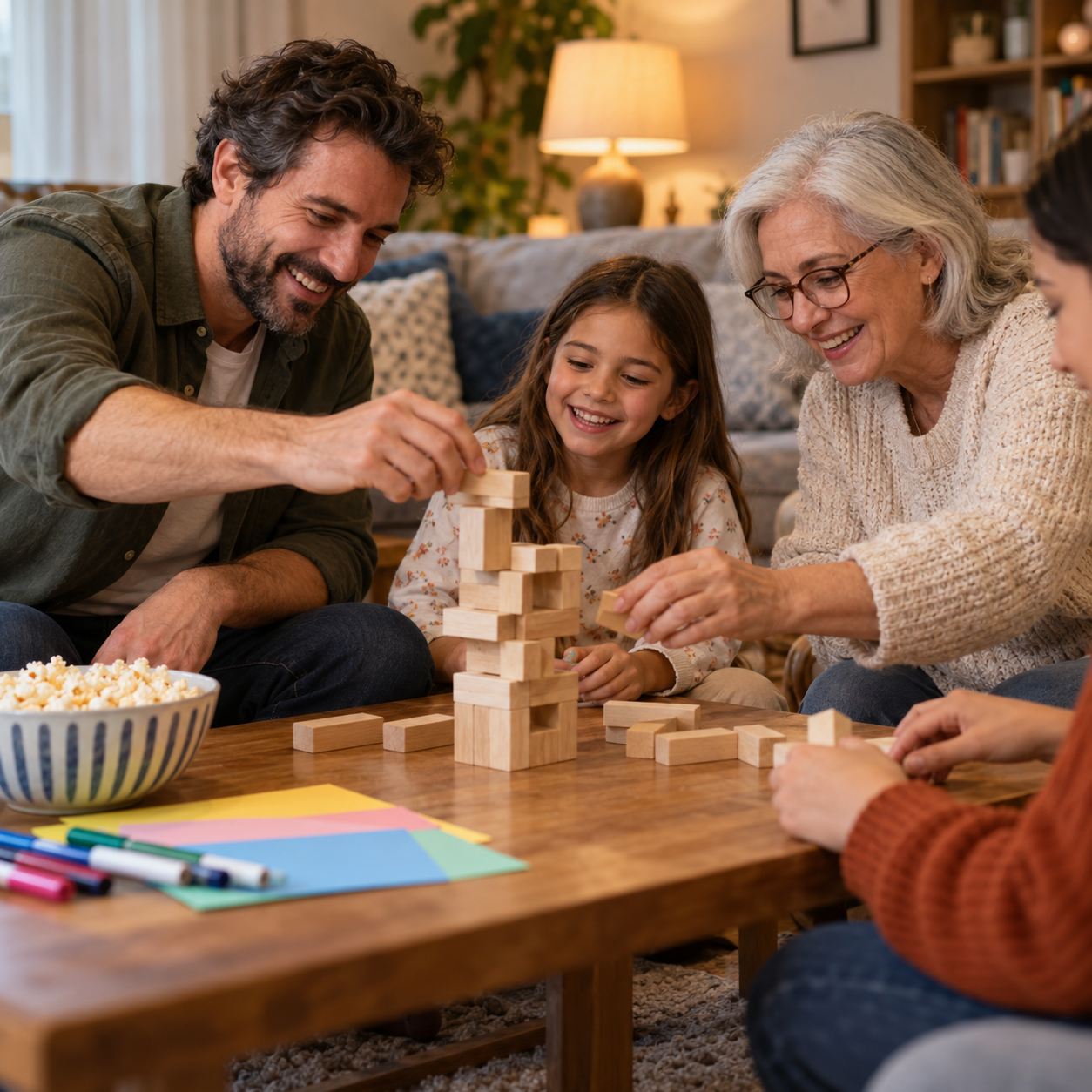 Family enjoying a tabletop activity together at home