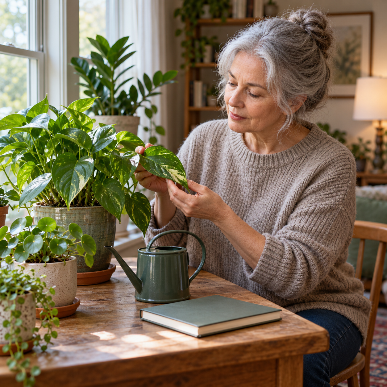 Adult examining a houseplant leaf by a window