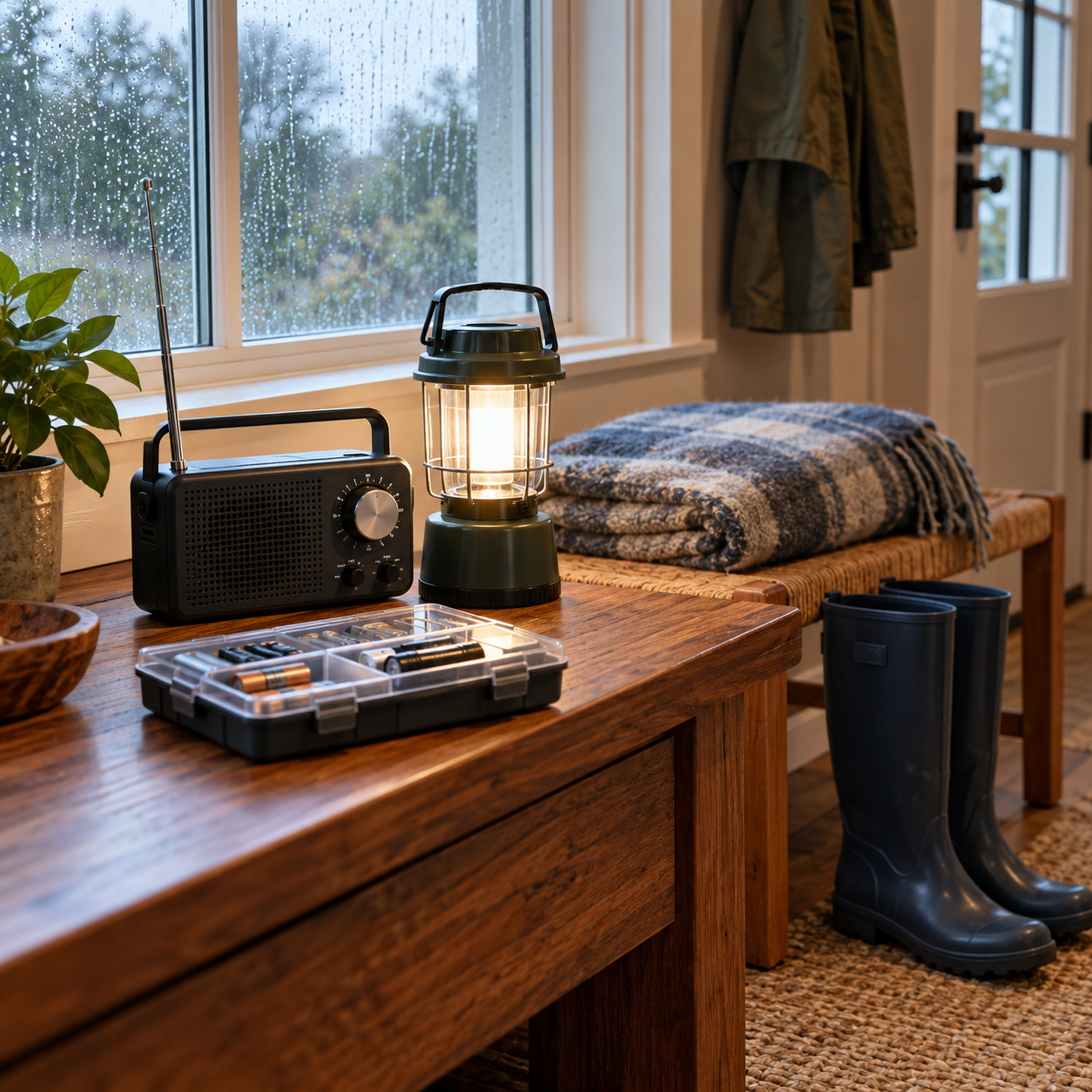Battery radio, LED lantern, batteries and blanket ready at home