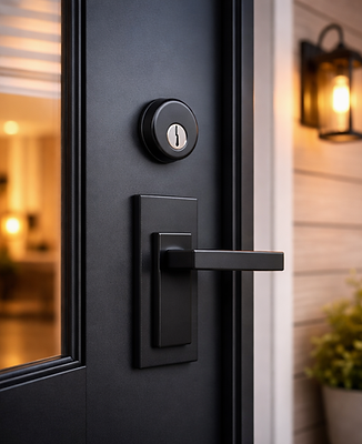 Elegant black door hardware at dusk.png