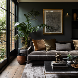 Modern dark green living room interior with velvet sofa, large indoor plant, abstract artwork and soft natural light from floor to ceiling windows.