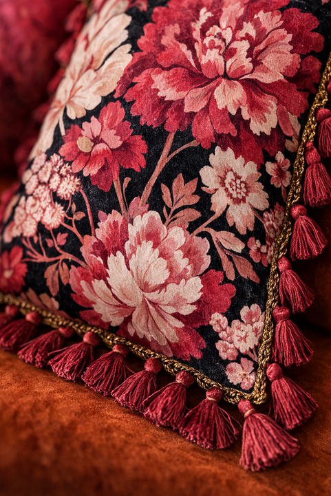 A velvet cushion in an antique peony print with luxury trim
