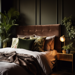 Dark green bedroom interior with upholstered headboard, layered linen bedding, velvet cushions, bedside lamp and indoor plants creating a calm, atmospheric space.