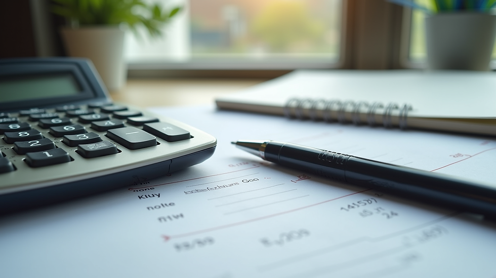 Eye-level view of a desk with a calculator, notebook, and pen for budgeting