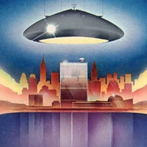 Pulp-style drawing of a spaceship over a city.