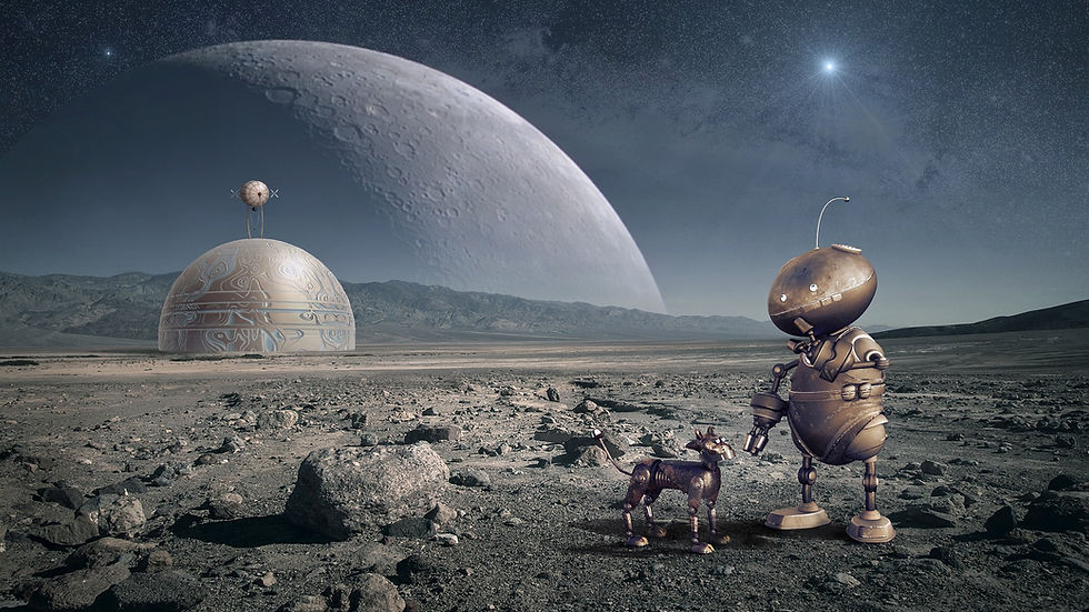 A robot and its robot dog on a distant planet.