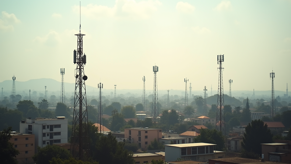 Vue aérienne d’une ville ivoirienne avec des antennes de télécommunication