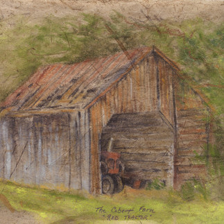 Painting of a tractor in a shed at the Cobert farm