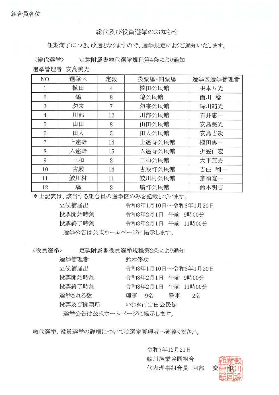 総代及び役員選挙のお知らせ