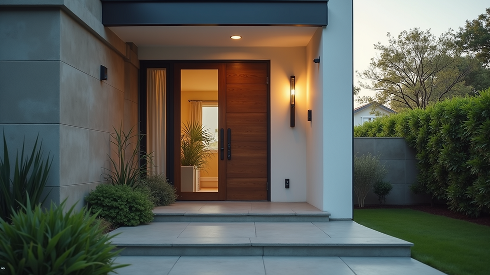 Eye-level view of a modern home entrance with security cameras installed