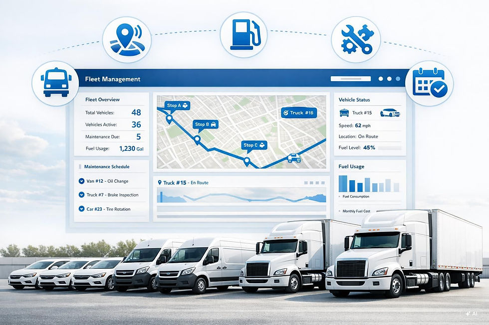 Flottenmanagement-Dashboard mit LKW-Verfolgung und Analyse-Icons.