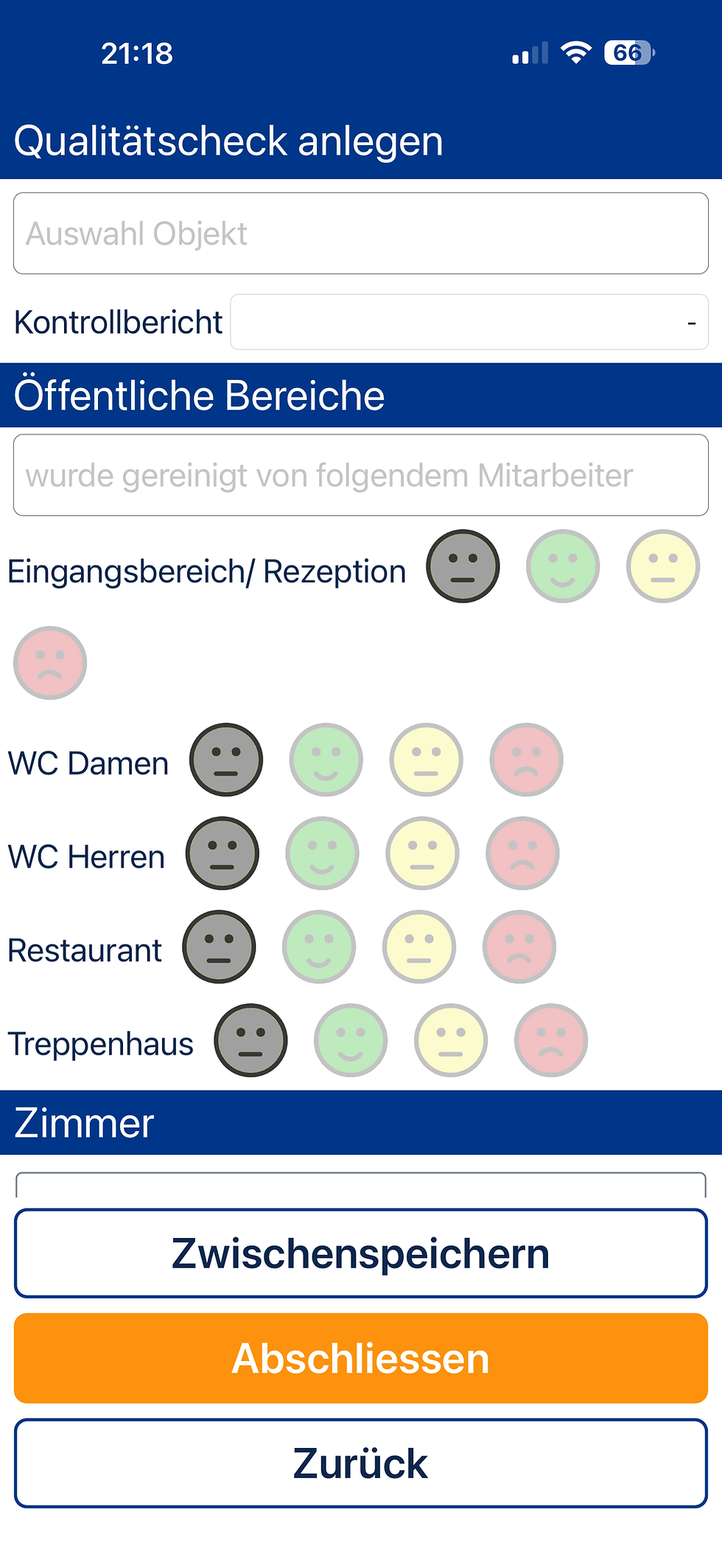 Ansicht der App-Funktion zur Erstellung eines Qualitätschecks.
