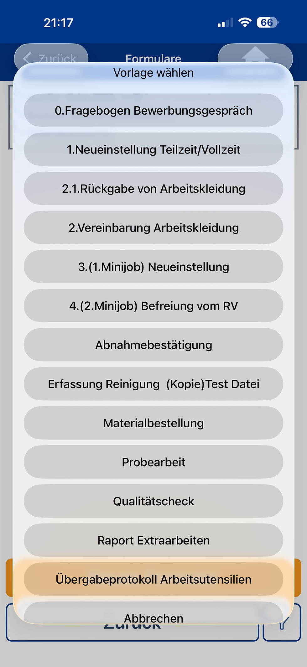 Auswahlmenü für verschiedene Programmfunktionen und Formulare