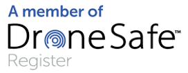 The Dronesafe official logo. Words on white background. Says Member of the Dronesafe register