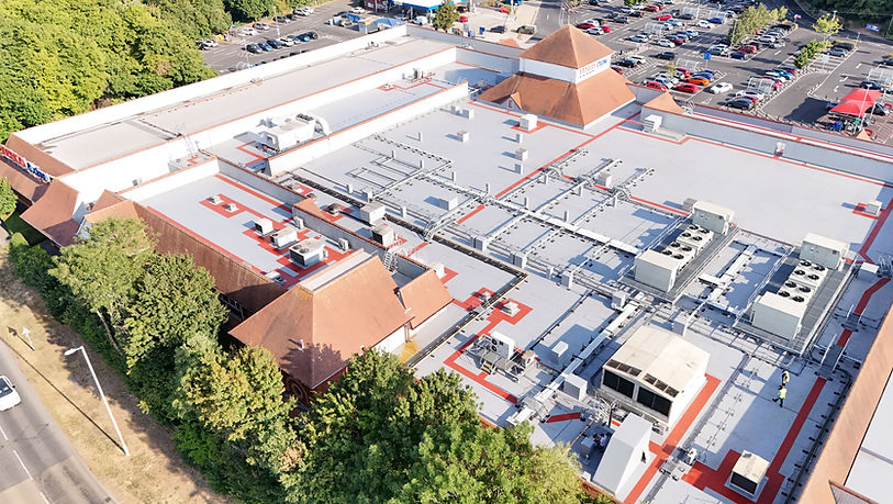 Aerial drone photograph of completed roofing works at Tesco in Andover, Hampshire