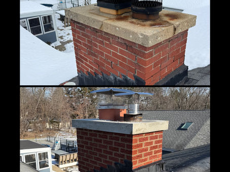 Before and after chimney crown repair and tuckpointing in Arlington Heights IL by Liberty Fireplace and Masonry