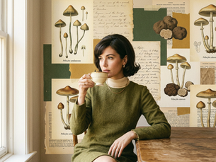Woman drinking tea in vintage editorial style with botanical mushroom illustrations in the background, warm earthy tones
