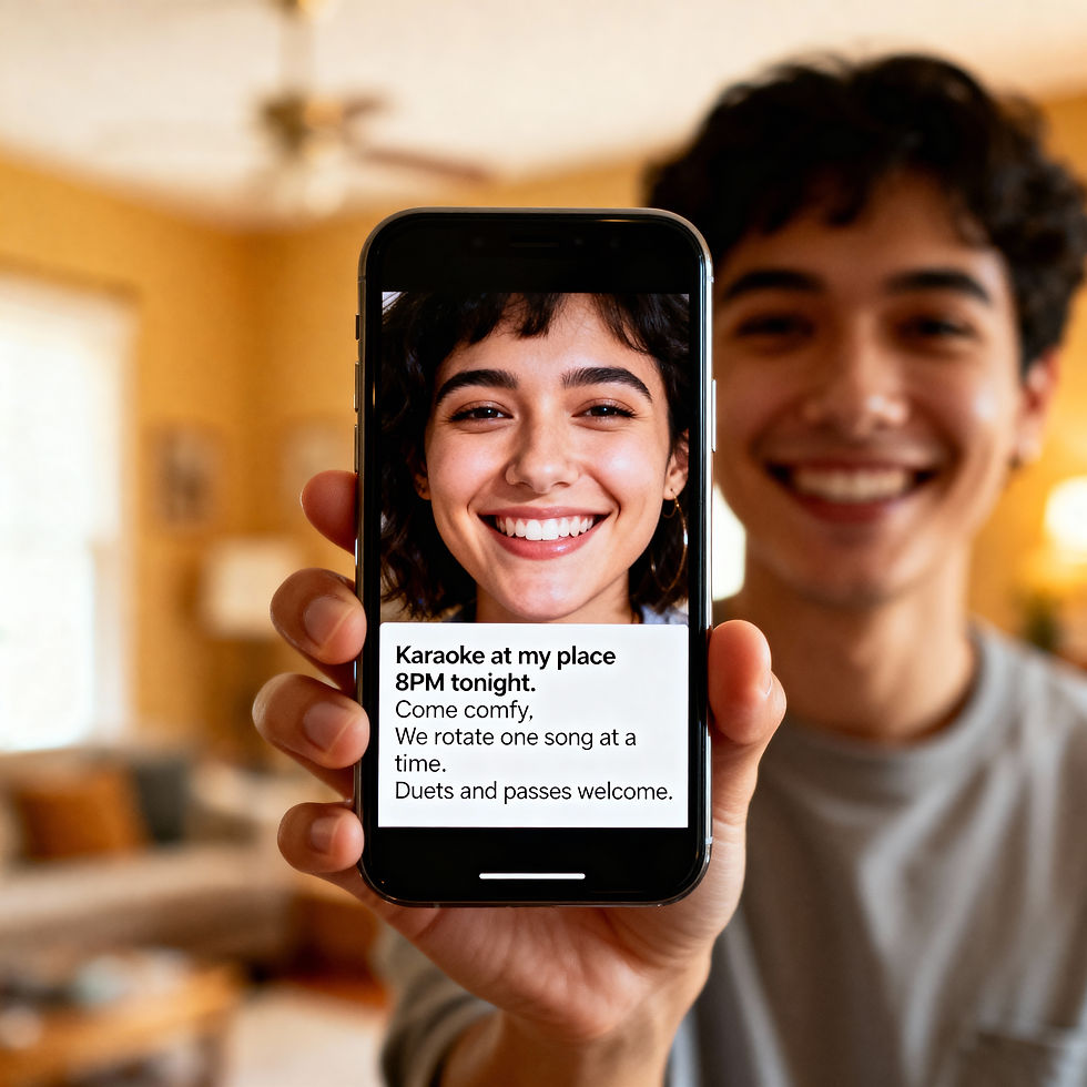 Smiling person holds a phone displaying a woman with a karaoke invite at 8PM. Cozy living room background, warm colors, inviting mood.
