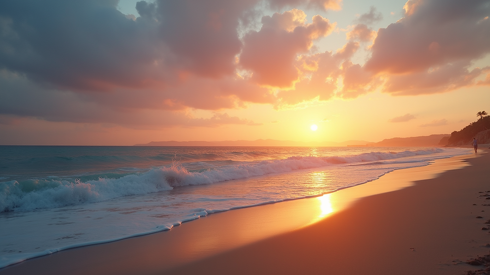 Wide angle view of a serene beach at sunset