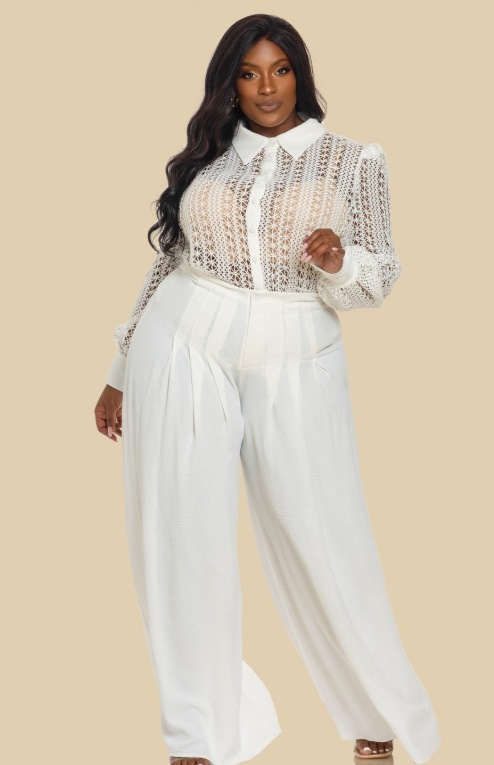 WHITE CROCHET SHIRT WITH LONG PLEATED PANTS SET