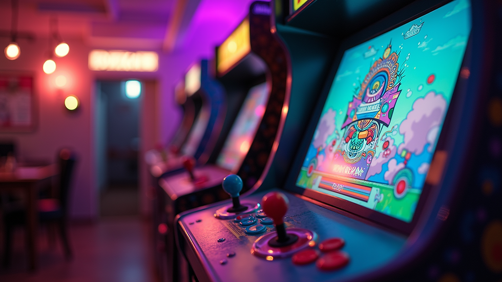 Eye-level view of a retro arcade cabinet with colorful graphics