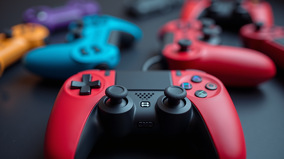 Eye-level view of a retro gaming console setup with colorful controllers