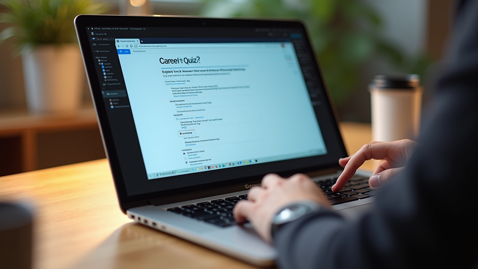 Close-up view of a laptop screen showing a career quiz with a teen’s hand on the mouse