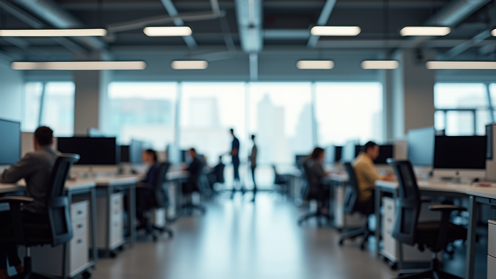 Eye-level view of modern office space with collaborative workstations