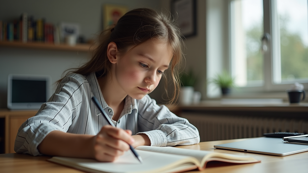 Eye-level view of a teenager reading a career guidebook at a desk