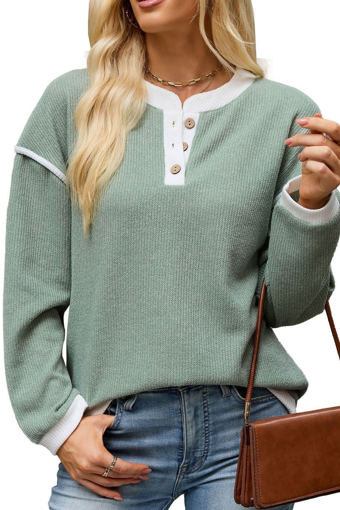 Colorblocking Open Collar Button Long Sleeve Top