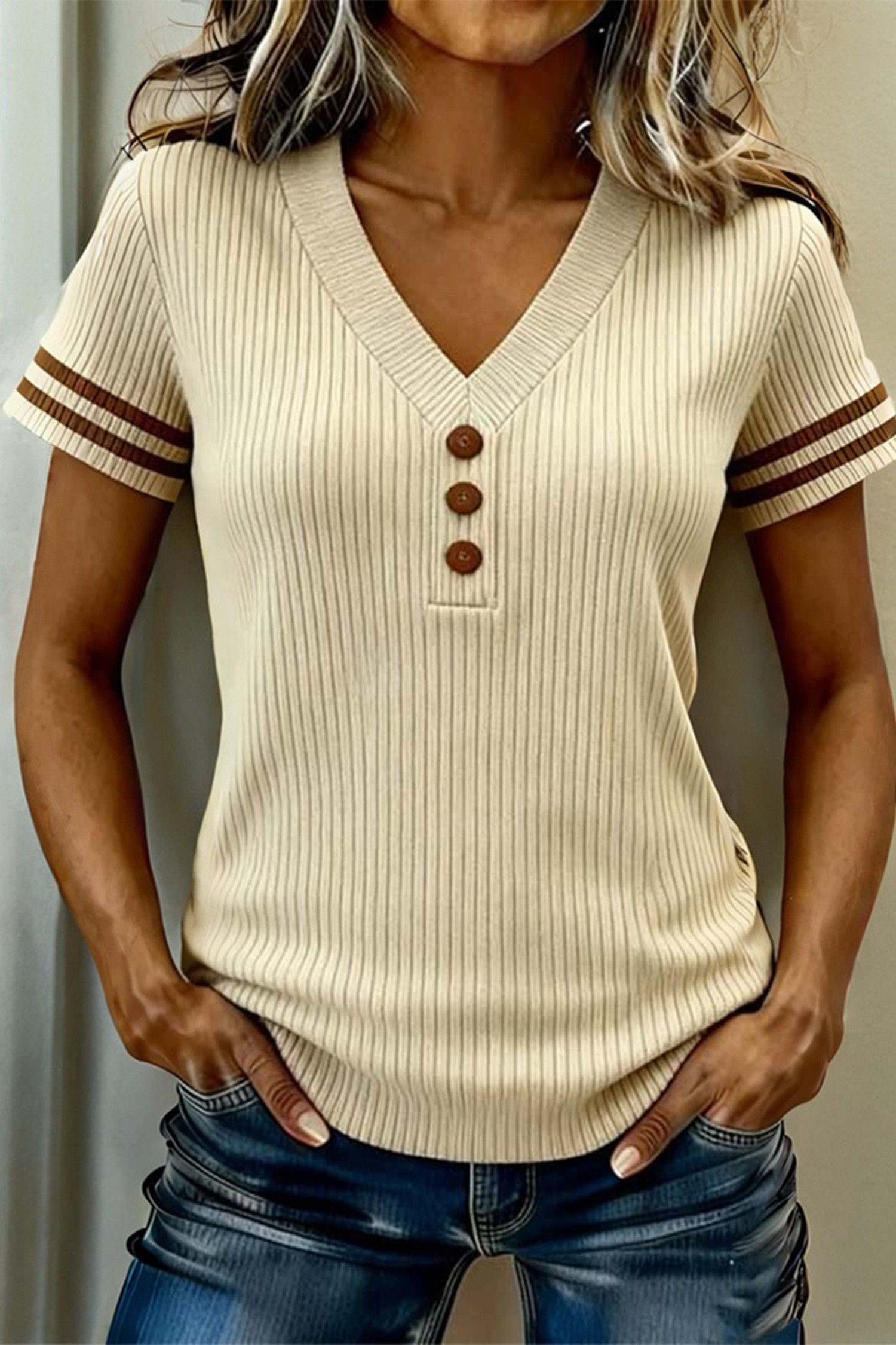 V Neck Ribbed Knit Striped Trim Short Sleeve Sweater