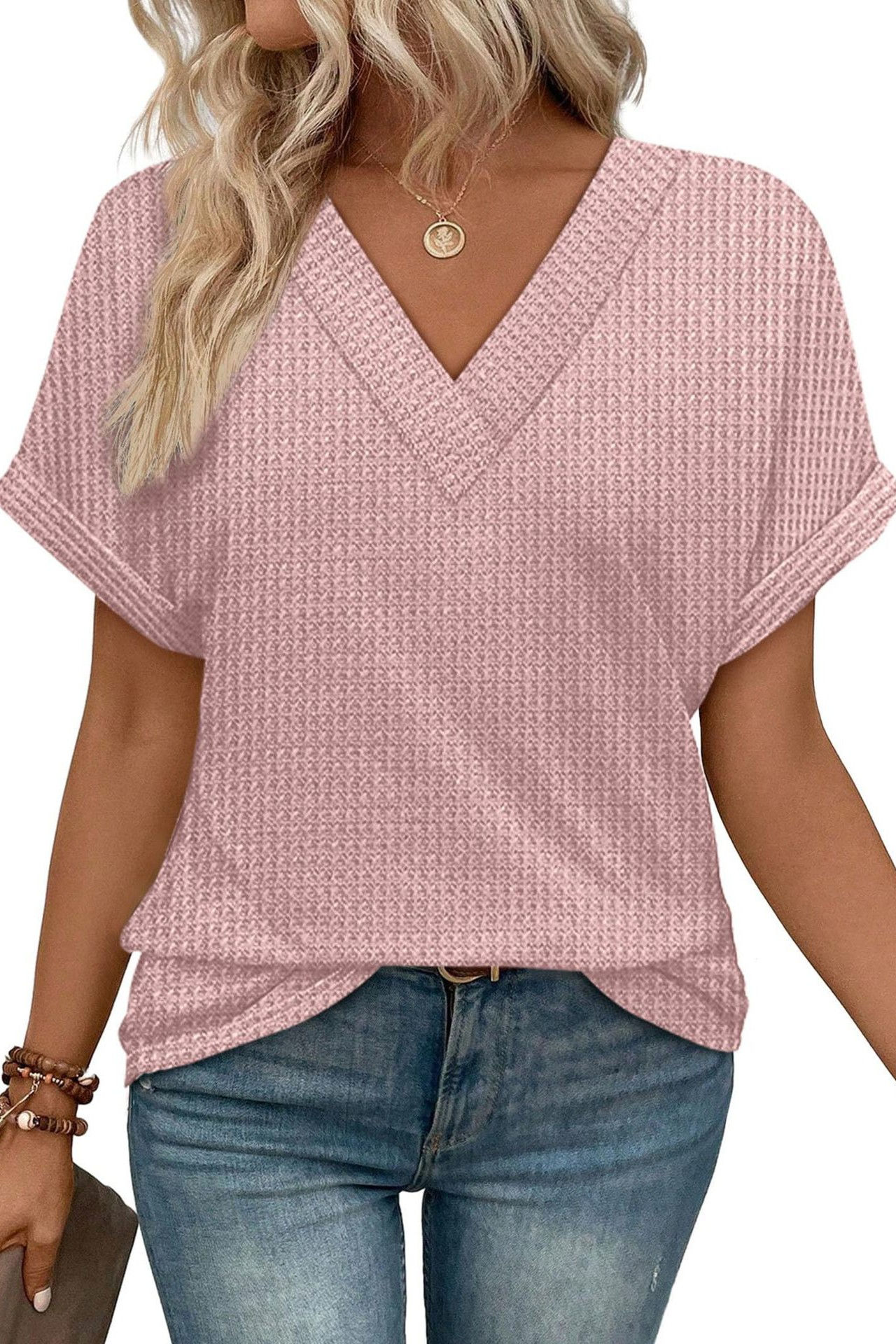 V Neck Waffle Knit Short SleeveTop
