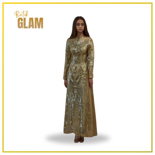 glitter and glamour dress muslimah Gold Lace Sequin Embroidered Hiajb Bridal Ball Gown Muslim Dress Black / 44