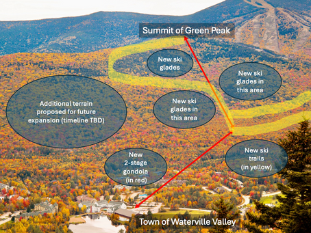 A photo and map of the proposed Waterville Valley Resort expansion project in the White Mountain National Forest, New Hampshire