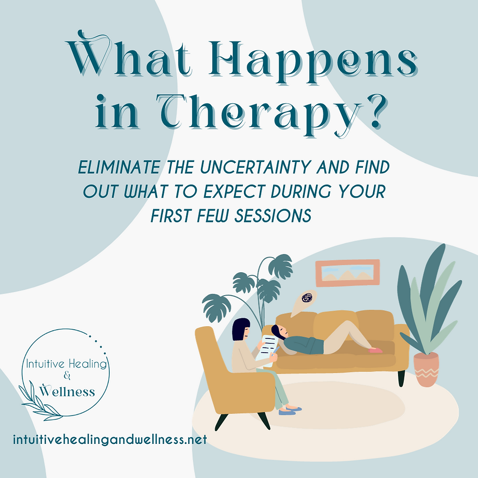 Graphic of women laying on couch recieving therapy text aying "What happens in therapy eliminate the uncertainty and find out what to expect in your first few sessions