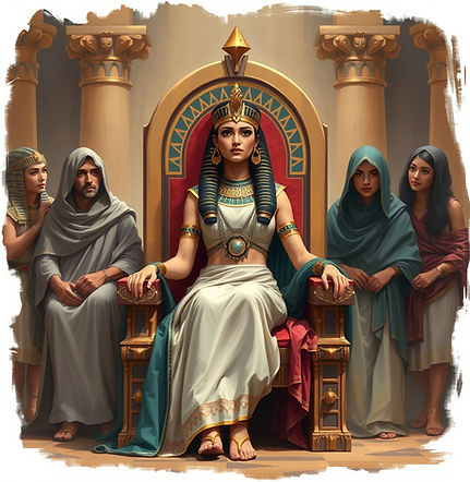 cleopatra on her throne in egypt surrounded by clothed attendants.jpg