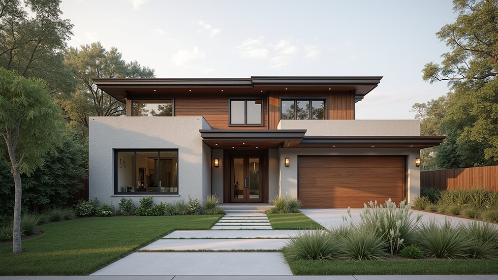 Eye-level view of a modern custom home exterior with sustainable materials