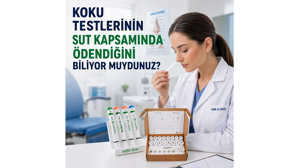 KOKU TESTLERİNİN SUT KAPSAMINDA ÖDENDİĞİNİ BİLİYOR MUYDUNUZ?
Hastanelerde ilgili polikliniklerde (KBB, Nöroloji, Psikiyatri, Diyetetik) koku bozuklukları (anosmi, hiposmi) hem yaşam kalitesini hem de hasta güvenliğini doğrudan etkileyen, ancak sıklıkla göz ardı edilen bir alan. Halbuki, "Koku kaybı" birçok hastalığın öncü semptomu olabilir.