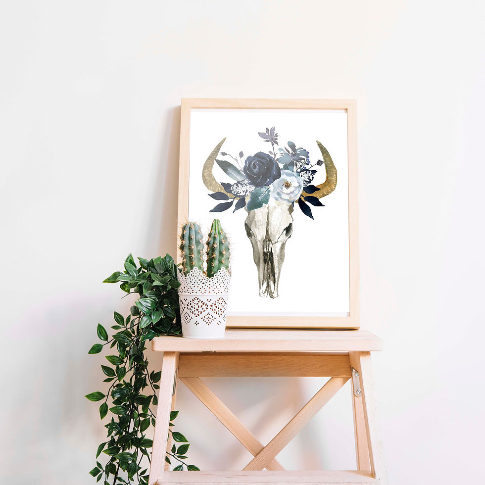 wall art, watercolor skull, navy flowers, Bull skull, art print,