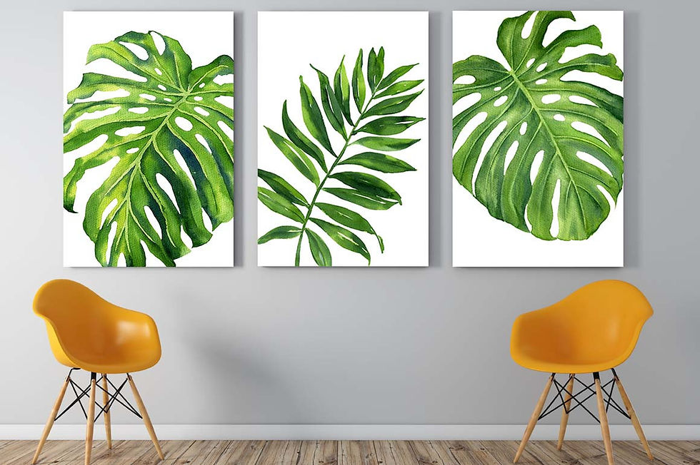 Watercolor tropical leaf art prints, monstera, palm leaf, hand painted