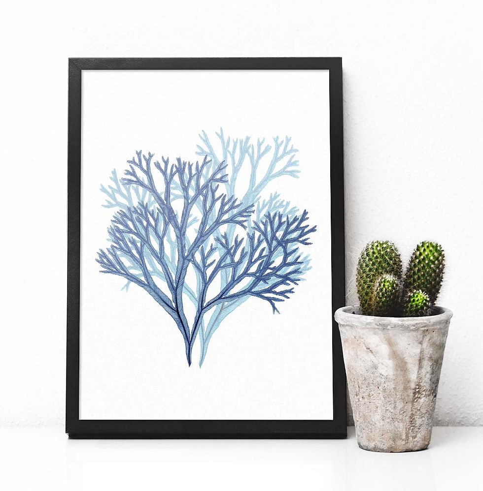 Thumbnail: Blue watercolor seaweed coral | printable art, nautical, hamptons style ink watercolor,