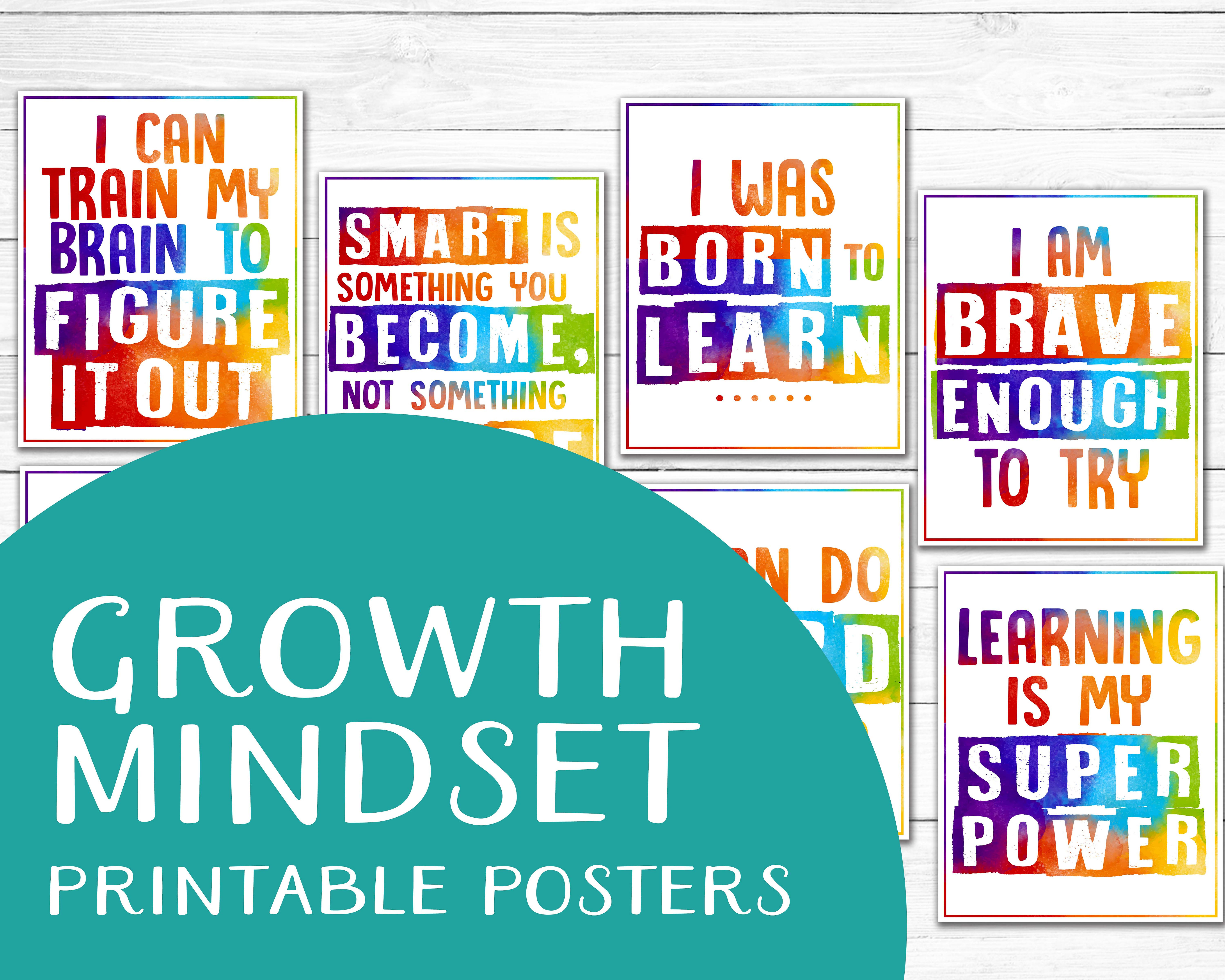Growth mindset watercolor rainbow printable posters classroom