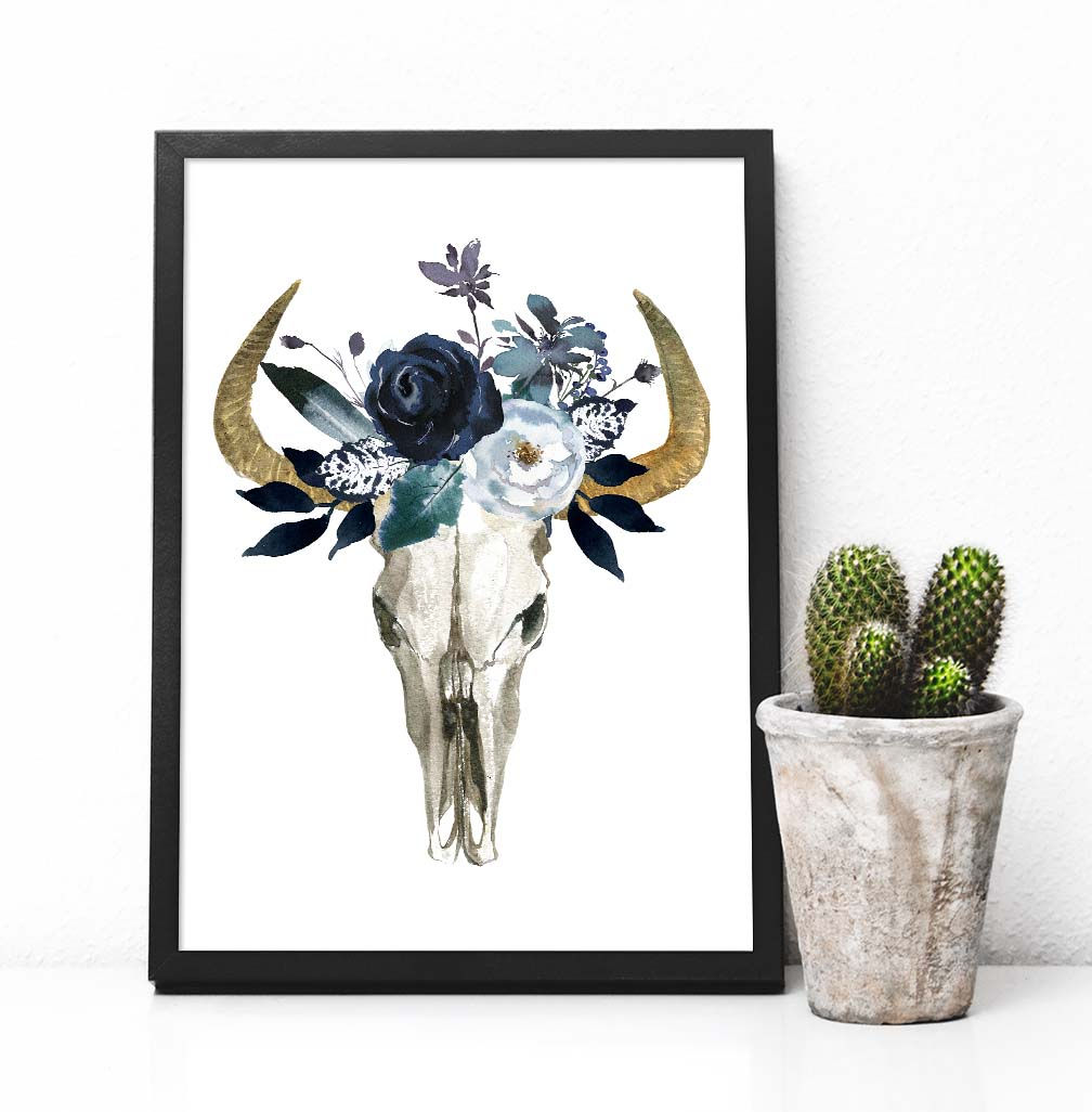 Bull skull, art print, wall art, watercolor skull, navy flowers