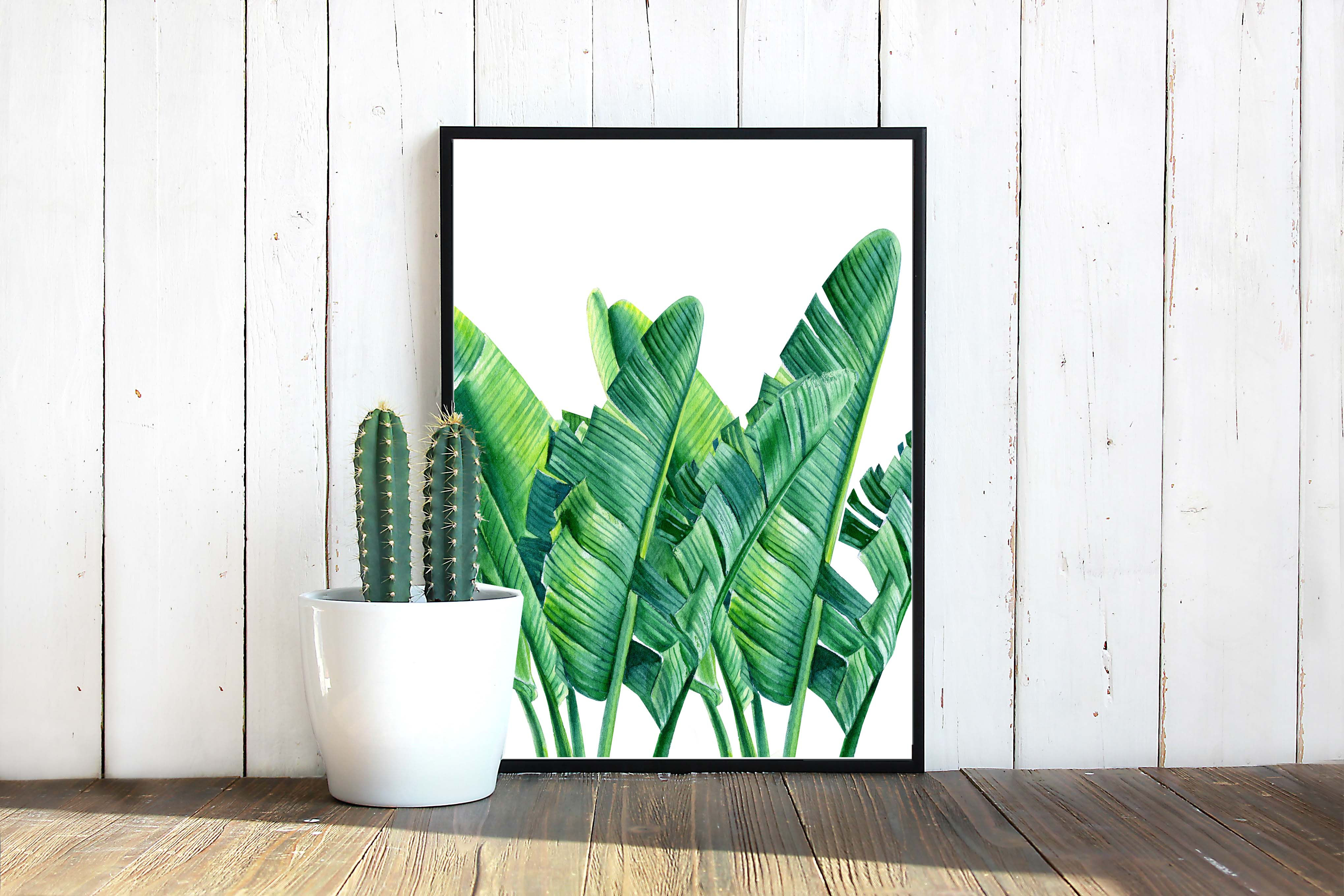 Watercolor banana leaves painting Printable art green watercolor