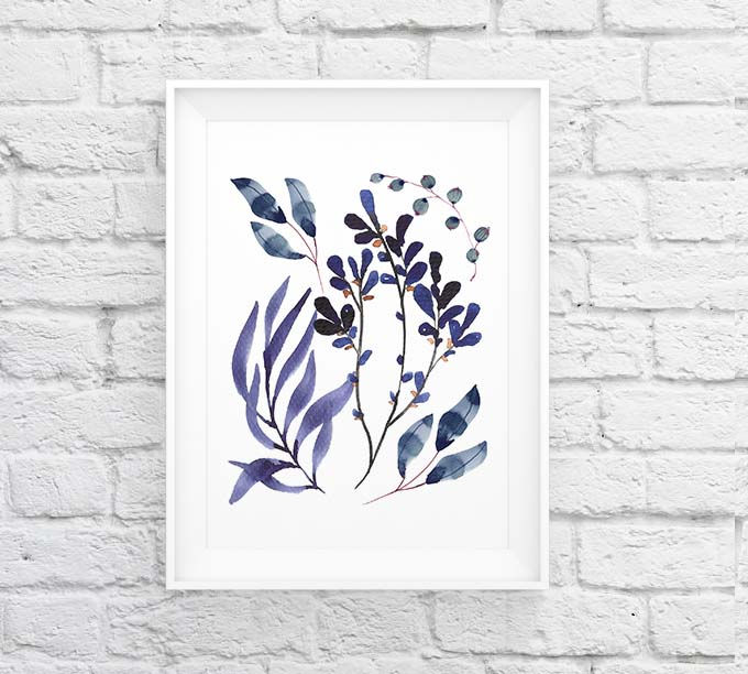 Thumbnail: Blue ink Watercolor foliage leaf wall art print Printable art navy abstract plant tropical leaf botanical illustration