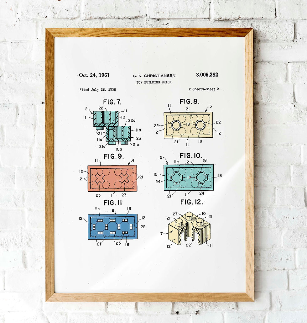 Lego Patent drawings | Set of six  printables | Kids room decor | wall art Lego minifigure toys blocks