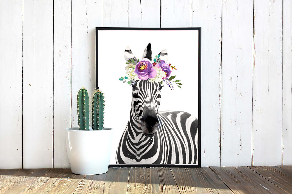 Printable art, zebra flower crown, lavender purple flowers watercolor zebra