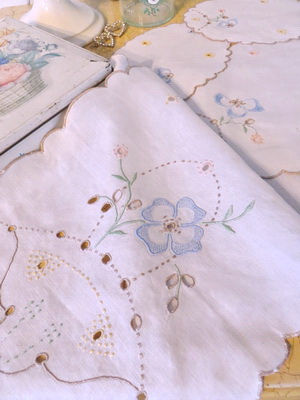 Thumbnail: Embroidered Dresser Scarf Doilie Set embroidery